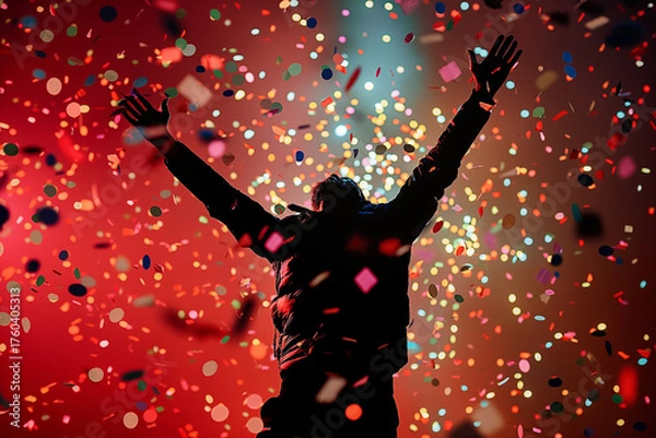 Fototapeta Joyful silhouette jumping amid confetti explosion on colorful sky background