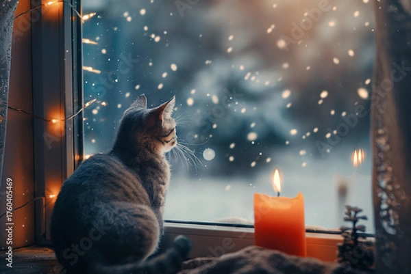 Fototapeta Cozy winter evening — cat watching snow through frosty window with candlelight