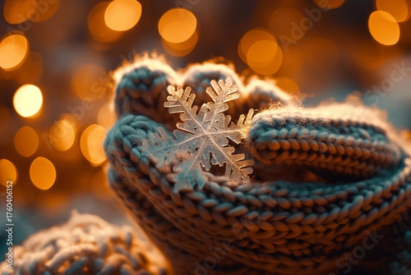 Fototapeta Close-up of knitted mittens holding a delicate snowflake with warm bokeh background