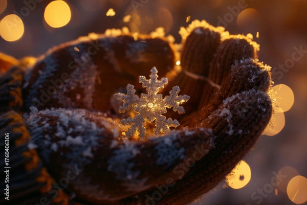 Obraz Woolen mittens holding a crystal snowflake in warm winter light