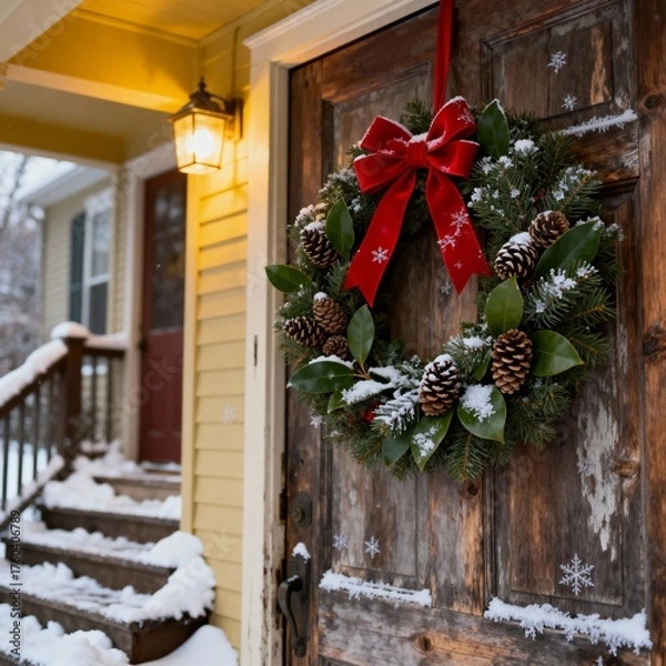 Fototapeta 빨간리본과_솔방울로_장식한_크리스마스리스가_걸린_눈내린_현관문