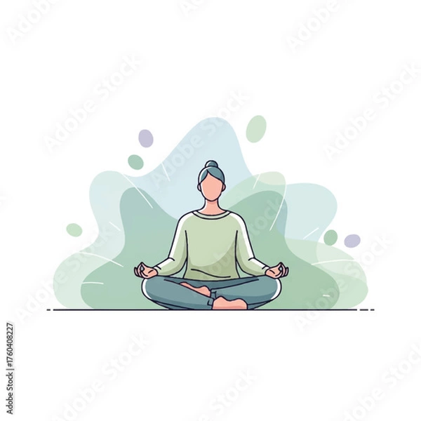Fototapeta Flat 2D vector illustration of a serene woman meditating in lotus position with abstract shapes in the background, conveying a peaceful mood.