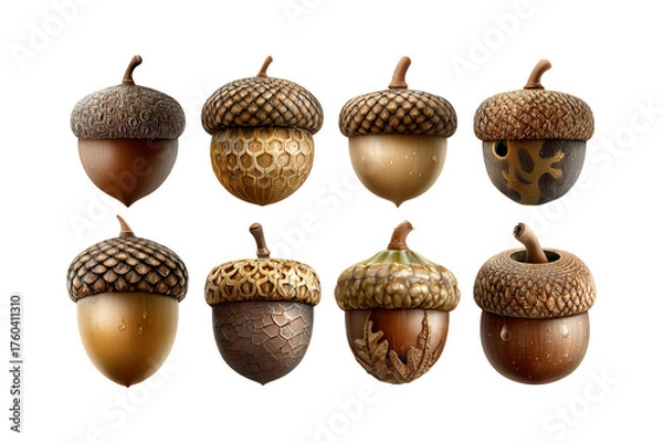 Fototapeta Collection of eight unique oak acorns with textured caps displayed individually against a neutral background natural autumn harvest elements isolated on transparent background