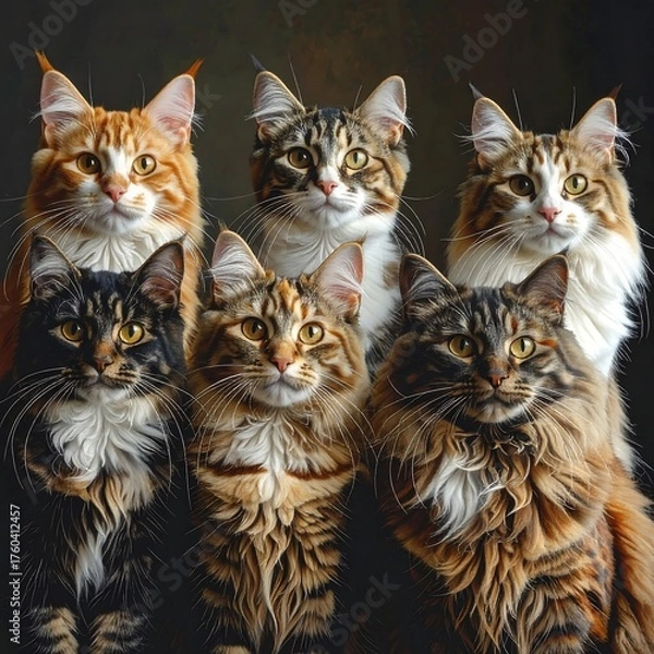 Fototapeta Six cats of varying colors, posed in a studio, looking at the viewer
