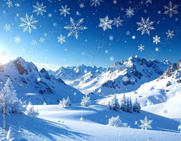 Fototapeta Snowflakes drift above snowy mountains, under a clear, winter sky