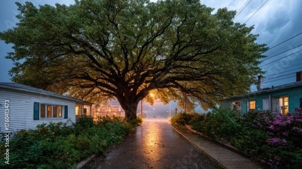 Fototapeta Fallen tree on house roof after hurricane concept. A majestic tree illuminating the path during a rainy evening.