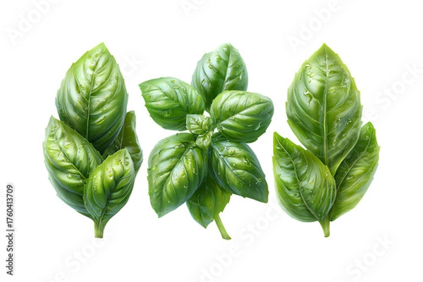 Fototapeta Vibrant green basil leaves fresh aromatic herb culinary ingredient isolated detail macro shot isolated on transparent background