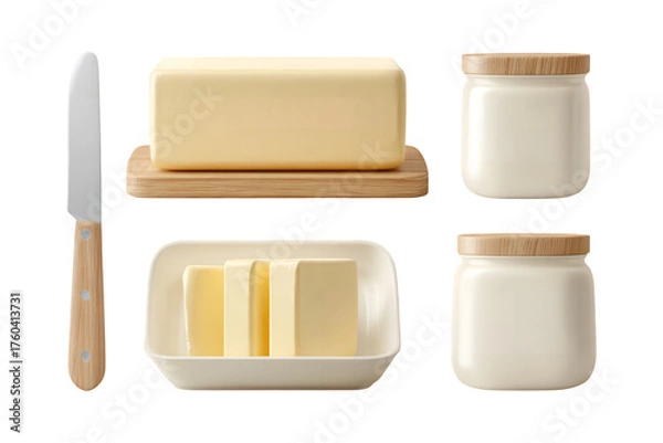 Fototapeta Delicious dairy products butter blocks jars and knife isolated for food photography and advertising isolated on transparent background