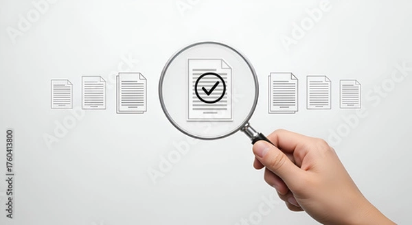 Obraz Hand holding magnifying glass over document with checkmark