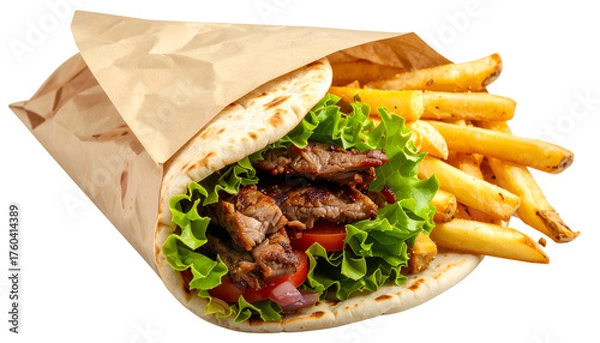 Obraz A delicious pita wrap, packed with meat, veggies, and fries, nestled in brown paper