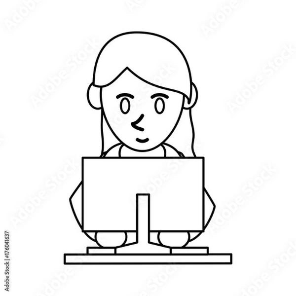 Obraz woman using computer icon image frontview vector illustration design