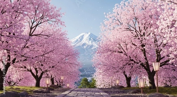 Fototapeta Cherry blossoms line a path toward snow-capped mountain. Serene and beautiful