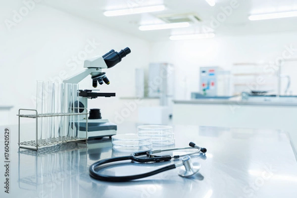 Fototapeta Microscope and stethoscope in a bright modern laboratory setting