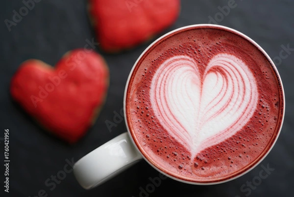 Fototapeta Red velvet latte with heart art and heart shaped cookies