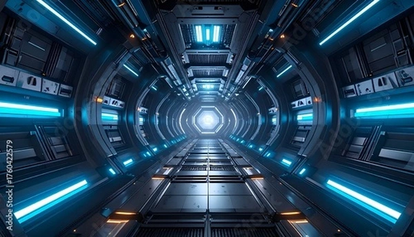 Fototapeta Futuristic tunnel with glowing blue lights leading to a bright exit, suggesting advanced technology