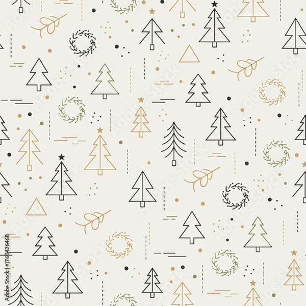 Fototapeta Christmas Tree Pattern Vector. Seamless Christmas Tree Pattern with wreath and ribbon. Festive decoration seamless pattern Background.