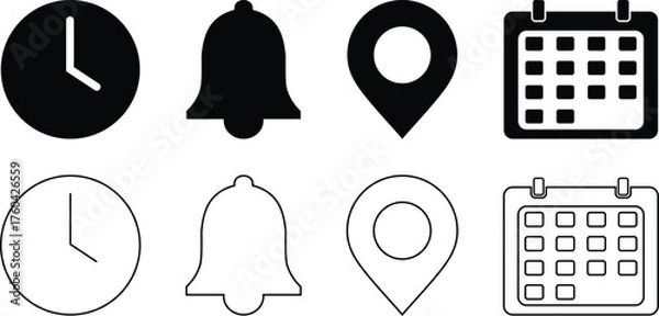 Fototapeta Flat simple illustrations of location, time, calendar, date, pin, clock, and bell icons set isolated on white background. 