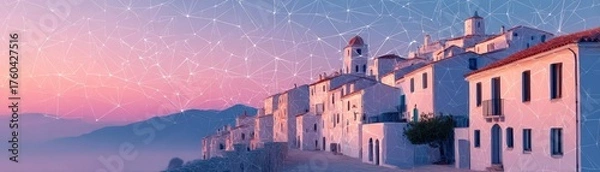 Fototapeta Light image depicting mobile network wires concept. Scenic village at dusk with beautiful architecture and mountains.