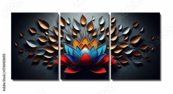Fototapeta Abstract triptych artwork featuring a vibrant lotus flower with exploding petals