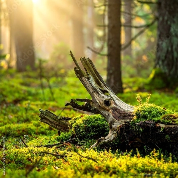 Fototapeta Sunlit forest floor with moss-covered log and tall trees