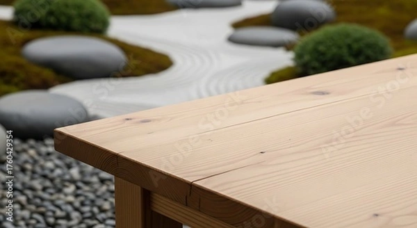 Fototapeta Wooden table corner with a blurred background of a serene Japanese zen garden with raked sand, stones, and moss.