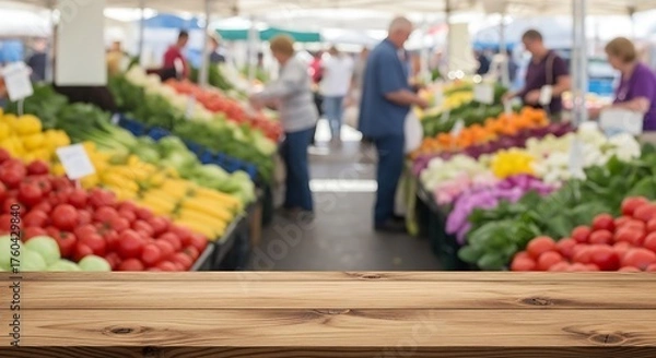 Fototapeta Empty wooden table in the foreground with a blurred background of a bustling outdoor farmers market.