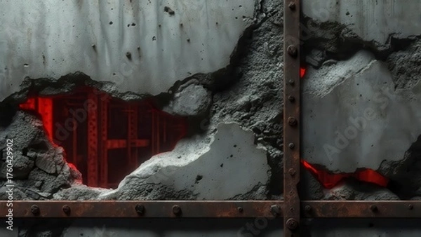 Fototapeta Old concrete wall with metal frame and red light shining through broken holes and textures