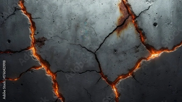 Fototapeta Cracked concrete ground illuminated by orange light revealing a dynamic and powerful texture