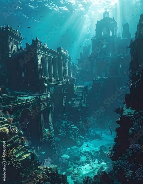 Fototapeta Sunlit underwater ruins of a classical city, teeming with marine life