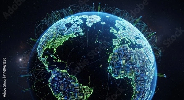 Fototapeta Digital globe showing connections and networks against a dark space background