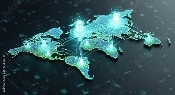 Fototapeta Digital world map with server icons connected by lines, glowing on dark grid