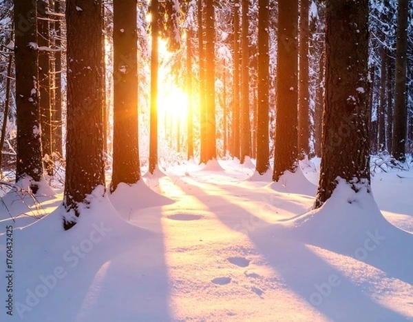 Fototapeta Sunlit winter forest scene with snow and tree trunks