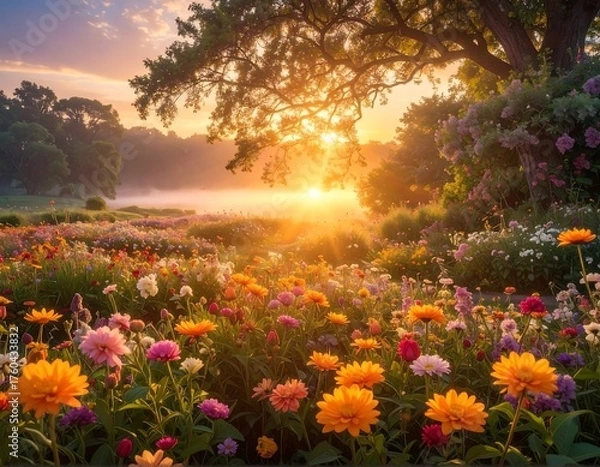 Fototapeta Sunrise illuminates a vibrant flower field, trees, and mist