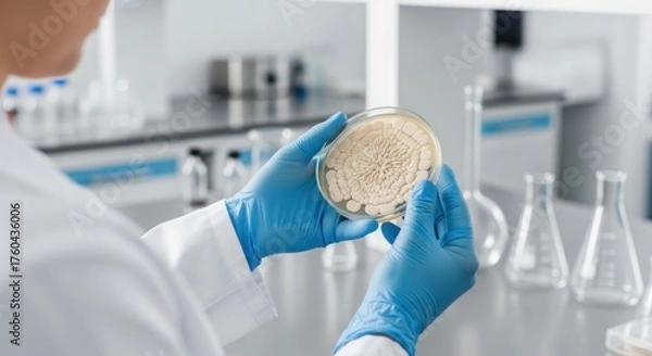 Fototapeta Scientist examines petri dish of cultured white colonies in a lab