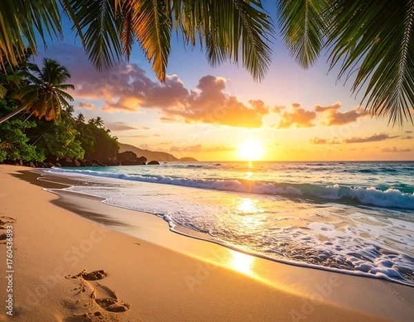 Fototapeta Sunset over ocean waves with palm tree branches and beach