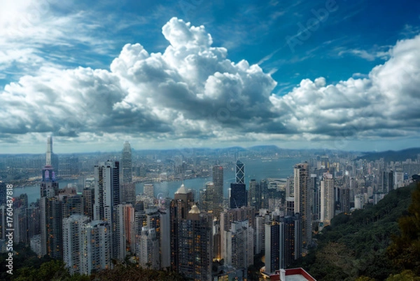 Obraz Vast cityscape under dramatic clouds and blue sky