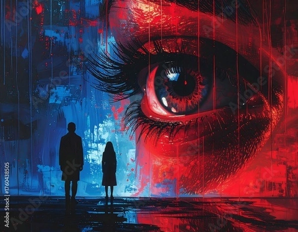 Fototapeta Surreal artwork with an oversized eye, two figures, and vibrant colors