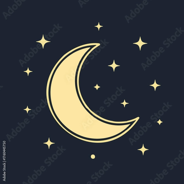 Obraz Golden Crescent Moon Surrounded by Shining Stars on a Dark Background for Nighttime Illustrations