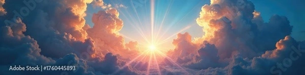 Fototapeta A dramatic, ethereal sky filled with swirling clouds and beams of light, suggesting a divine presence  Perfect for concepts of divinity, spirituality, and the supernatural ,  white,  godly