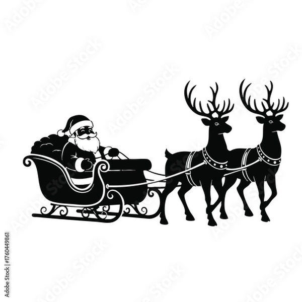Obraz Santa Claus in Sleigh Pulled by Two Reindeer, Festive Christmas Scene