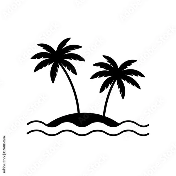 Fototapeta Silhouette of two palm trees on a small island at sea on transparent background