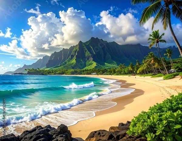 Fototapeta Tropical beach scene with mountains, waves, and a sunny blue sky