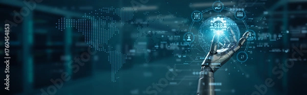 Fototapeta Hand of robot hold digital interface B2B business concept, global trade connection automation, enterprise partnership technology innovation intelligent communication seamless integration network.