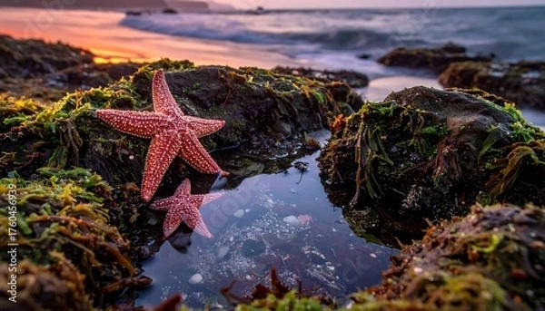 Fototapeta Two starfish in a tide pool on a rocky beach during sunset