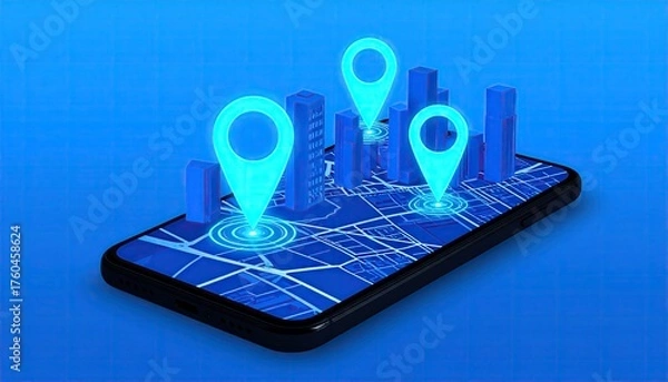 Fototapeta Smartphone Map with Pulsing Geo Pins and Cyan Halo