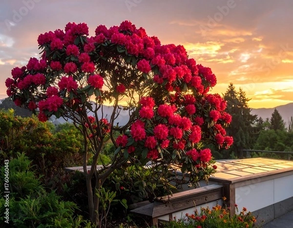 Fototapeta Vibrant blooming shrub against the backdrop of a warm sunset over hills