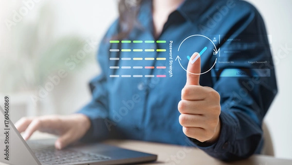 Fototapeta password, strength, signup, security, account, create, A person showing a strong password indicator on a virtual login screen, symbolizing password security, account protection, and data privacy.