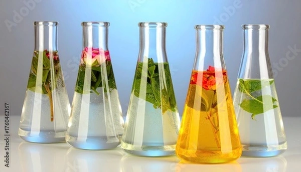 Fototapeta Five Glass Flasks with Flowers and Liquids on a White Surface