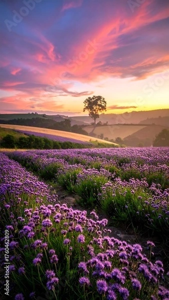 Fototapeta Vibrant lavender field under a stunning, colorful sunset sky