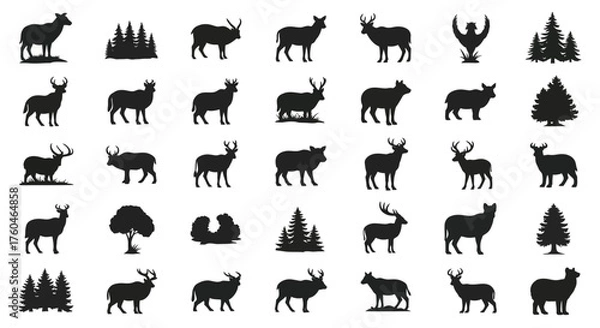 Fototapeta Vector art of set of deer and fir tree silhouettes, showcasing various poses and tree types in a simple, graphic style perfect for naturethemed designs